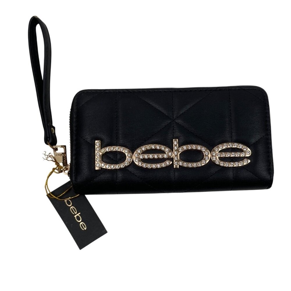 Bebe Black Quilted Wristlet Wallet With Gold Rhinestone Logo Zip Closure & Strap